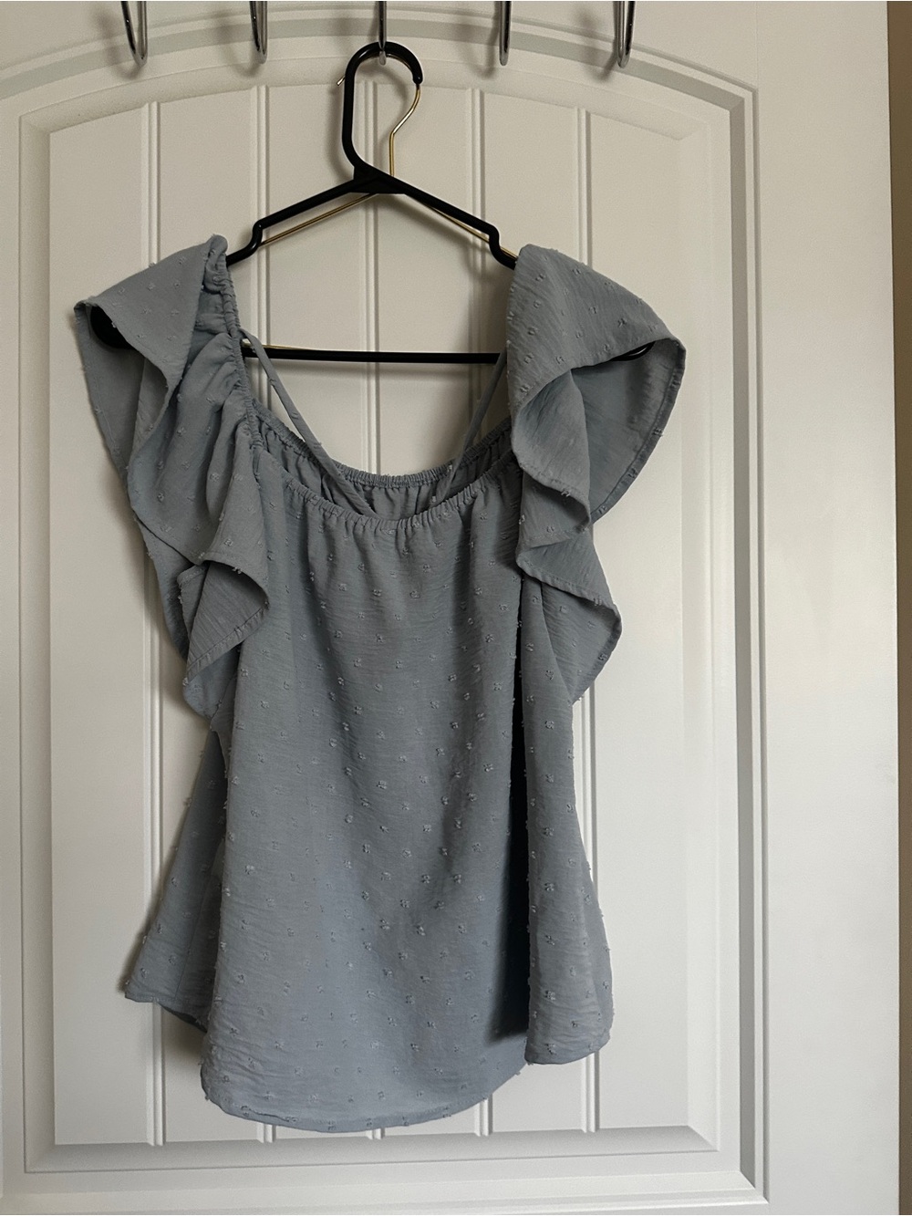 Monteau Light Blue Swiss Dot Flutter Sleeve Top